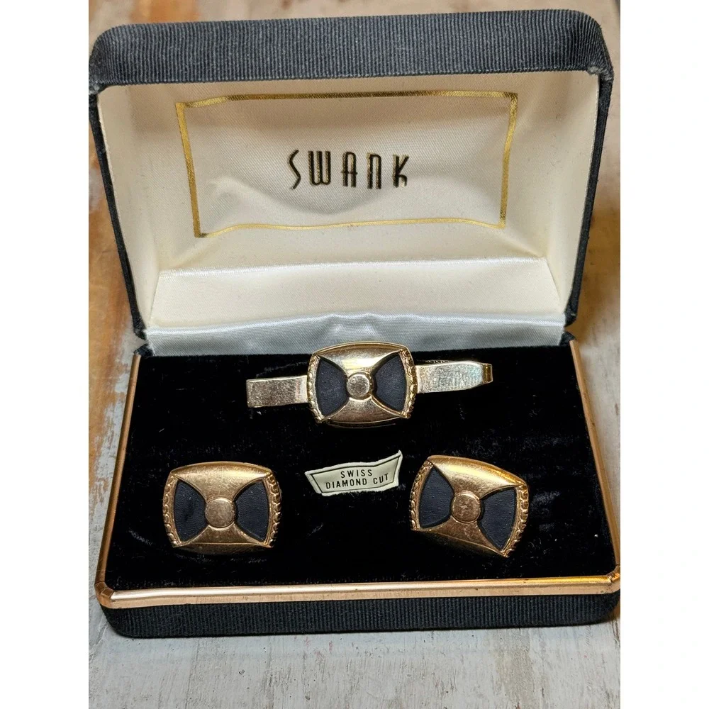 Vintage SWANK Men's Cuff Links & Tie Clip In Original‎ Box Gold tone & Black